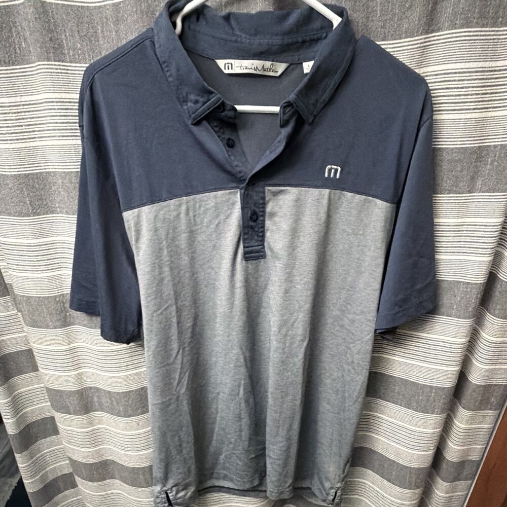 TravisMathew Men’s Large Golf Polo Blue Gray Colorblock Pima Cotton Shirt